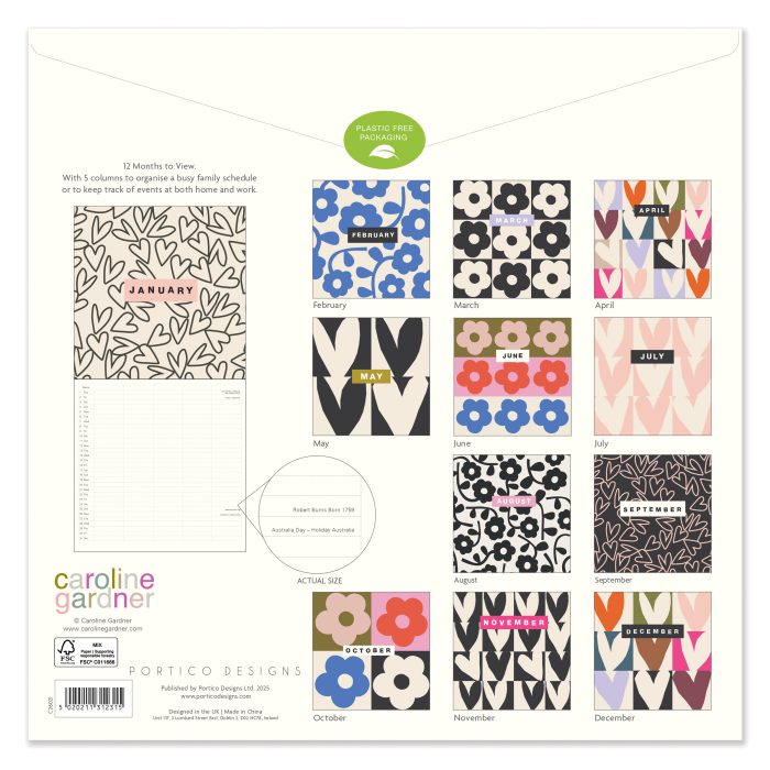 C26021 Caroline Gardener  Hearts/Mixed Prints Square 2026 Family Calendar - Image 6