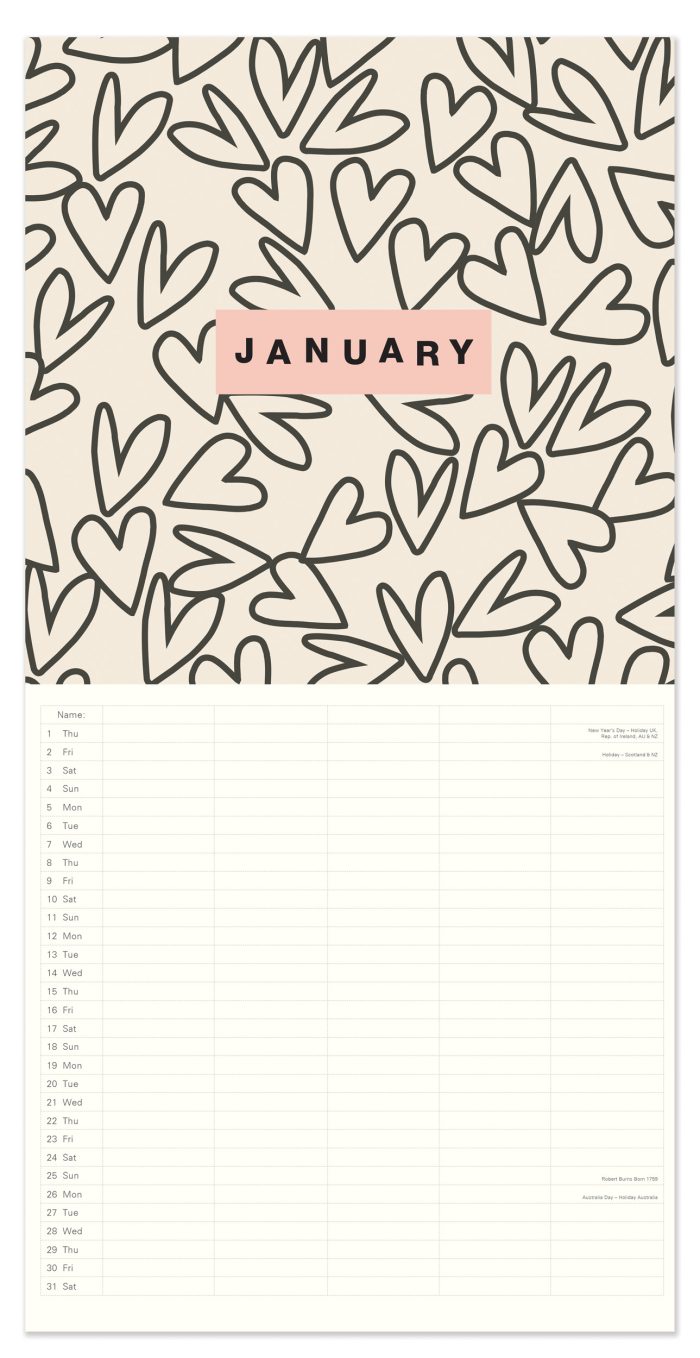 C26021 Caroline Gardener  Hearts/Mixed Prints Square 2026 Family Calendar - Image 3